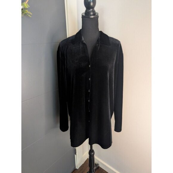 Vintage Max Studio Black Velvet Button-Up Long Sleeve Shirt - L - Made In USA - Picture 1 of 9